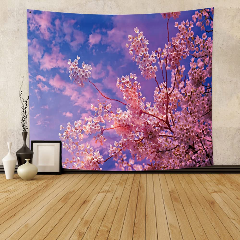 Sakura Tapestry Pink Japanese Cherry Blossoms Tapestries Spring Sunset Landscape Tapestry Wall Hanging for Bedroom Decoration