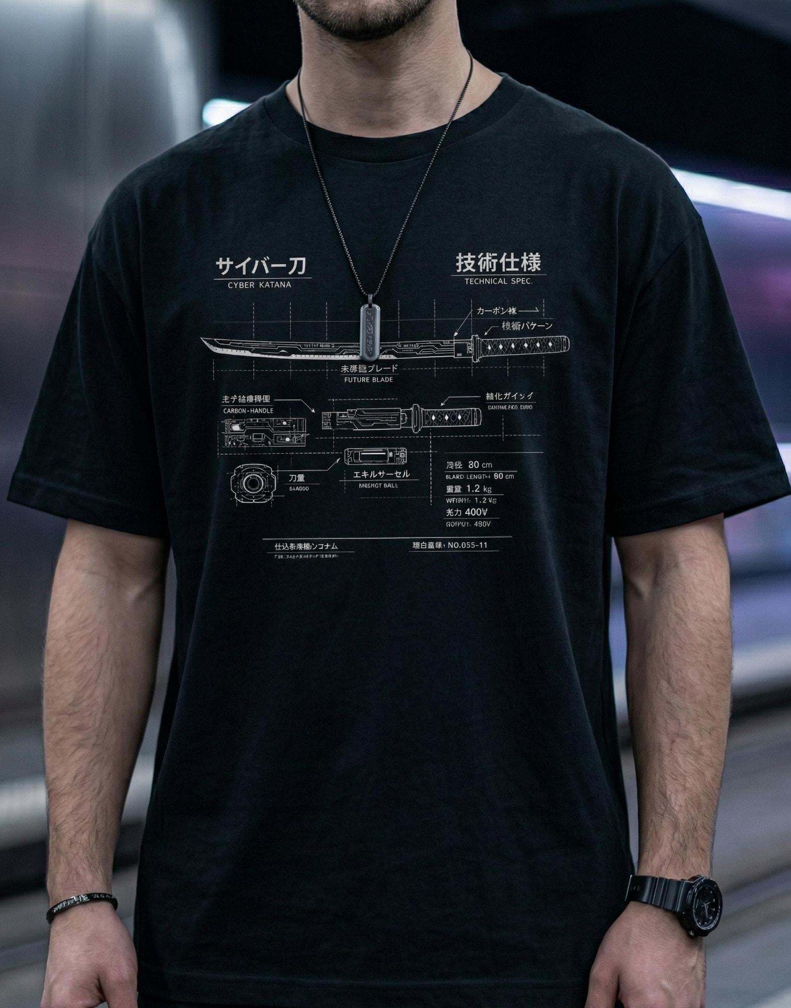Katana Blueprint Shirt, Techwear T-Shirt, Japanese Streetwear, Anime Sword Schematic Tee, Futuristic Graphic Tee 3XL