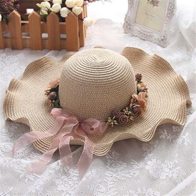 Sombreros de estilo coreano para mujer, de verano, lisos, anti-UV, de ala ancha, flexibles, con guirnalda de flores, para playa, con ala ondulada.