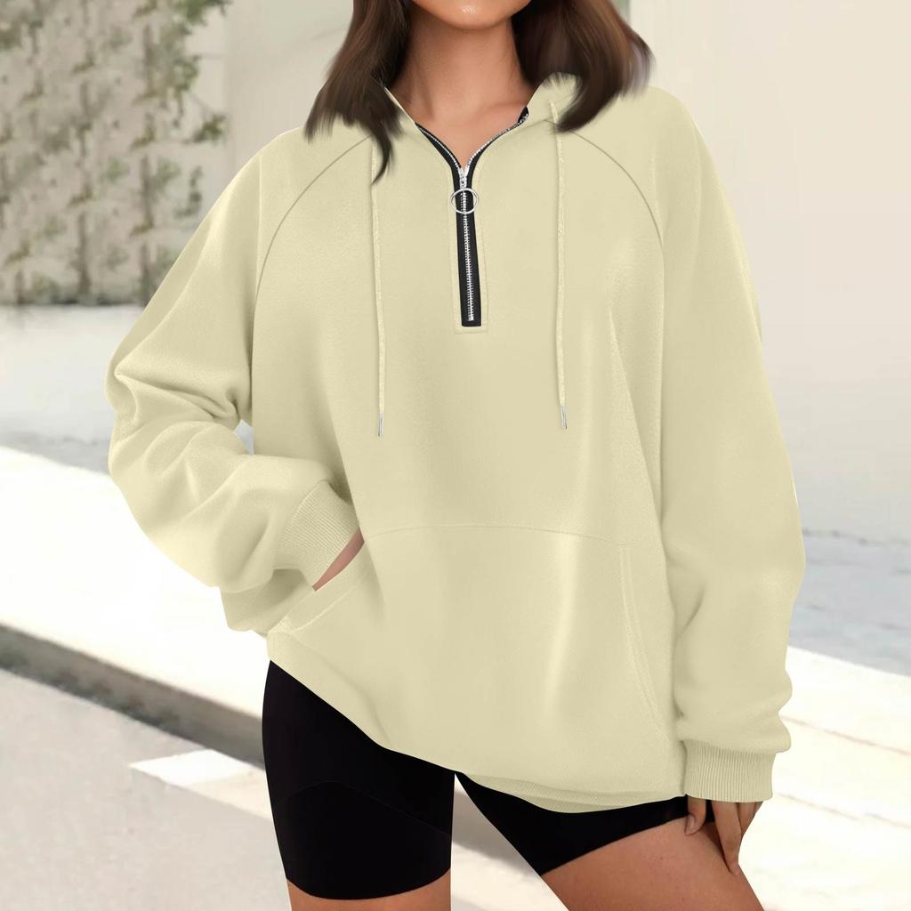 Women's Casual Fashion Long Sleeve Solid Color Zip Hooded Sweatshirt Top With Pocket