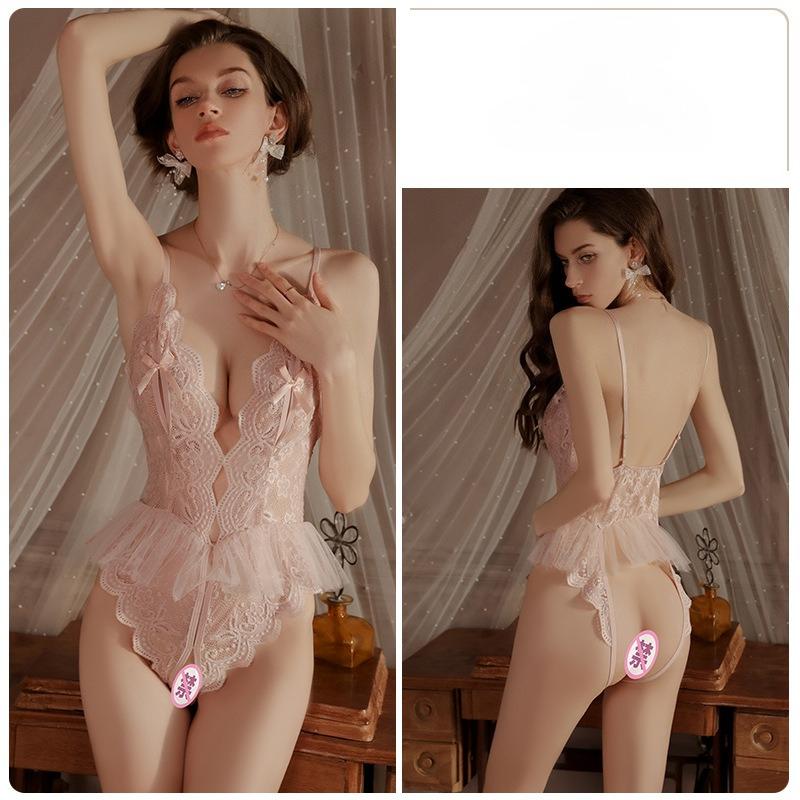 Women’s Sexy Lace Sheer Bodysuit Sweet Pure Style Backless Open-Crotch Lingerie