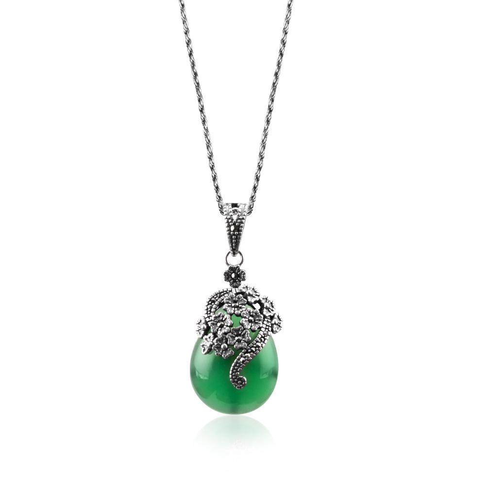 Jade Angel Vintage Women's Necklace Pendant with Chalcedony, Synthetic Garnet, and Cat's Eye Stones In S925 Thai Sterling Silver.