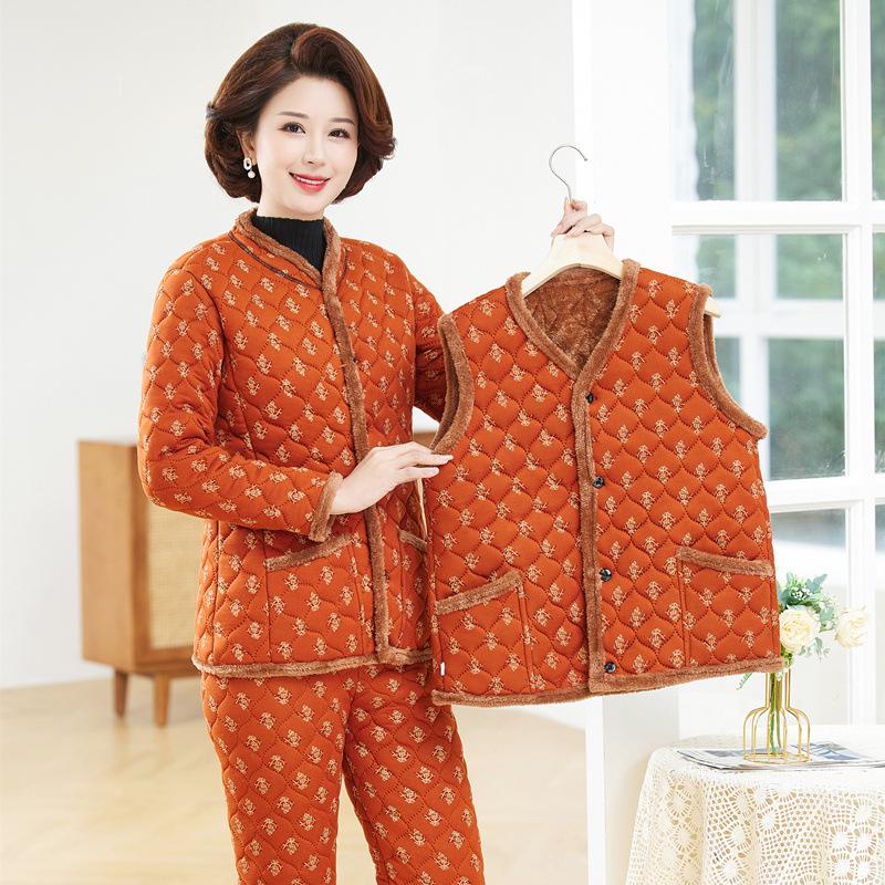 Women's Winter 3-Piece Set: Silk Cotton Coat & Outerwear for Middle-Aged