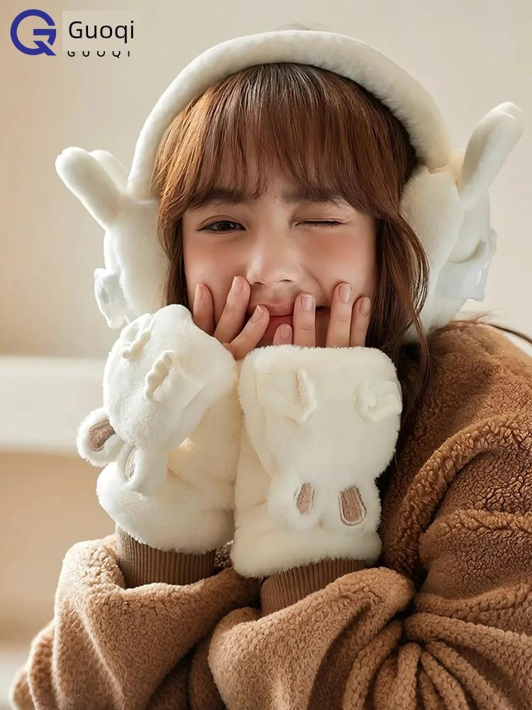 Cute Rabbit Ear Plush Gloves for Girls, Winter Warm Korean Style Student Gloves with Fleece Lining and Thickened Half-Finger Flip Cover