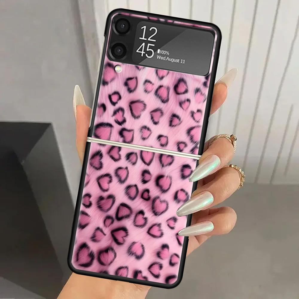 Pink Leopard Print Hard PC Phone Case For Samsung Galaxy Z Flip 7 6 5 4 3 Black ZFlip7 ZFlip6 Flip5 Flip4 Flip3 5G Print Cover