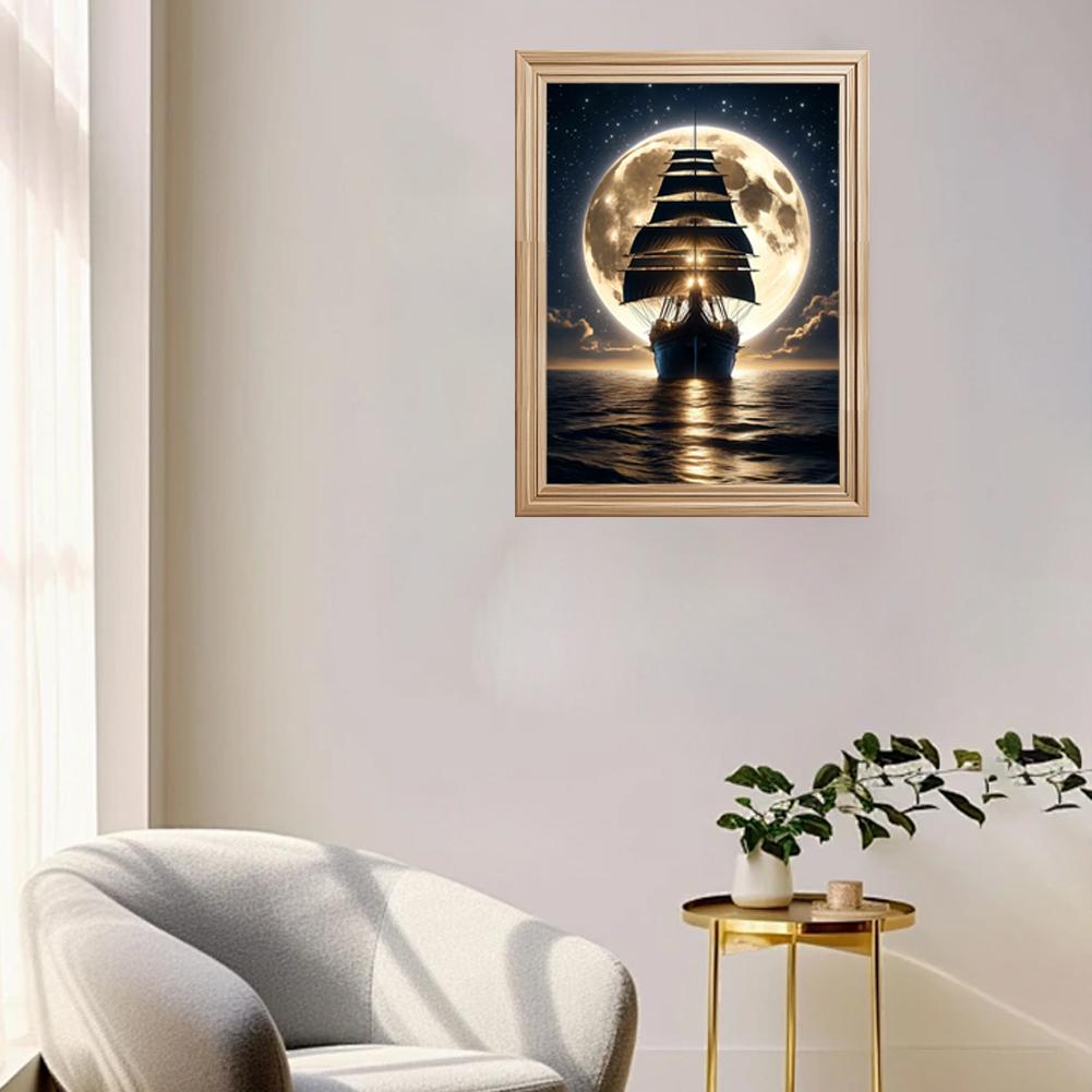 Adults Cross Stitch DIY Moon Sea Sailboat Prints Embroidery Craft Cross-Stitch Kit Art Needlework Decor Painting Gift Sewin S6A8