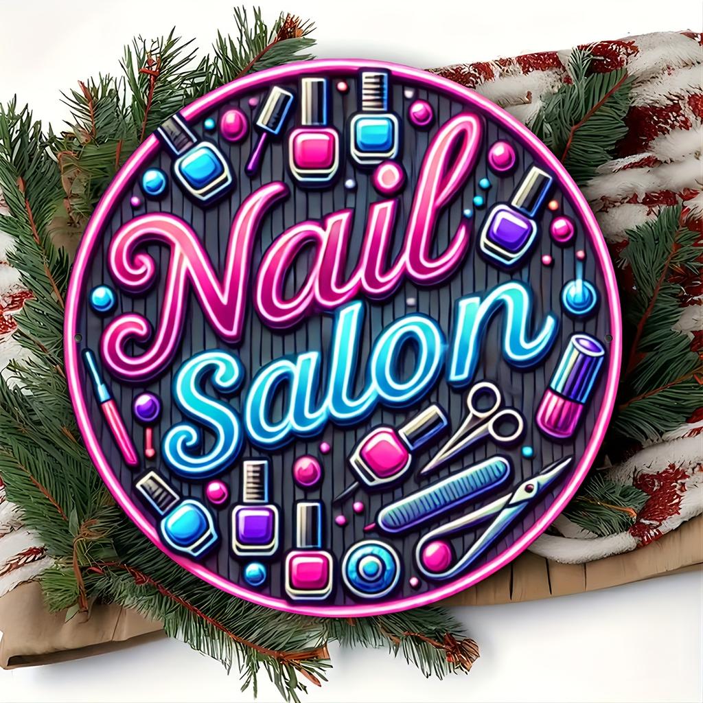 D Metal Sign Vintage Nail Salon Lettering Metal Wall Art Round Indoor Outdoor Classic Iron Decor