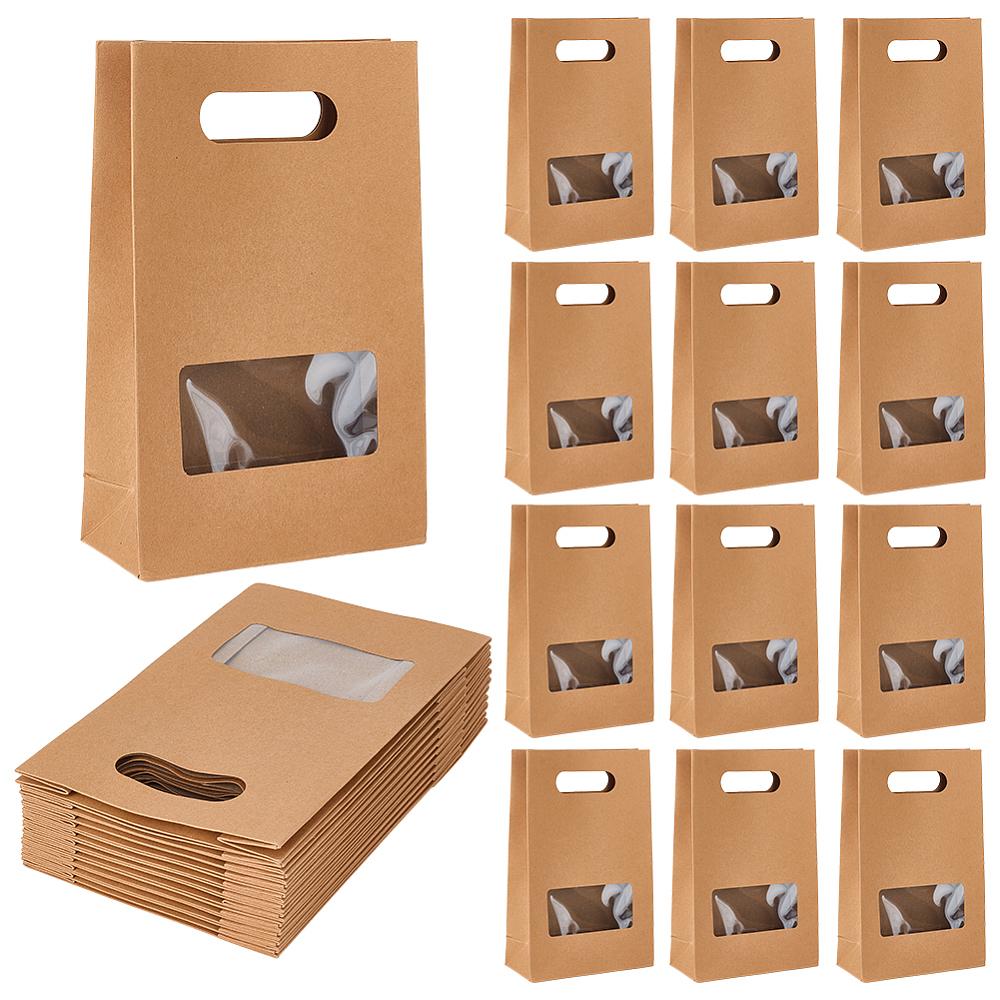 12pcs Kraft Paper Gift Bags with Visible Window and Die Cut Hole Handles Rectangle BurlyWood 14.8x6.8x23cm