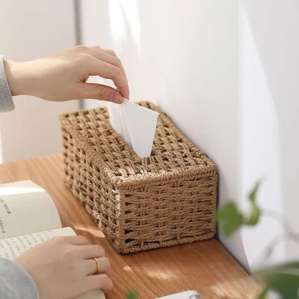 Large Capacity Woven Tissue Box Handmade Tissue Paper Container Desktop Napkin Dispenser Office