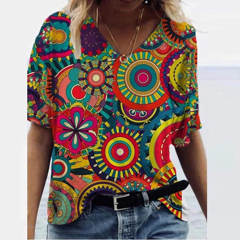 Summer V-neck Ethnic Style Retro 3D Printed Top Fashionable Casual Short Sleeved Women's T-shirts