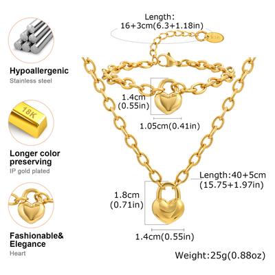 Vnox Stainless Steel Gold Plated Heart Lock Pendant Necklace Bracelet for Women, Chunky Curb Chain, Exquisite Trendy Jewelry New