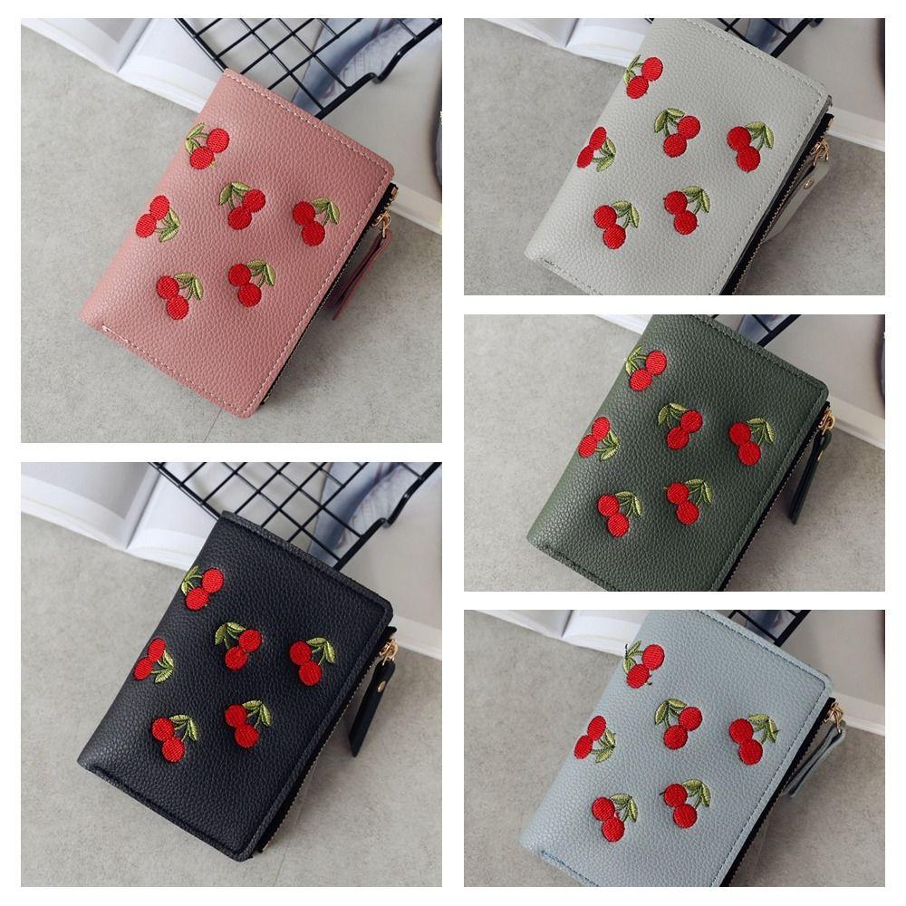 Korean Style Short Clutch Bag PU Leather Zipper Change Bag Temperament Retro Cherry Wallets  Women