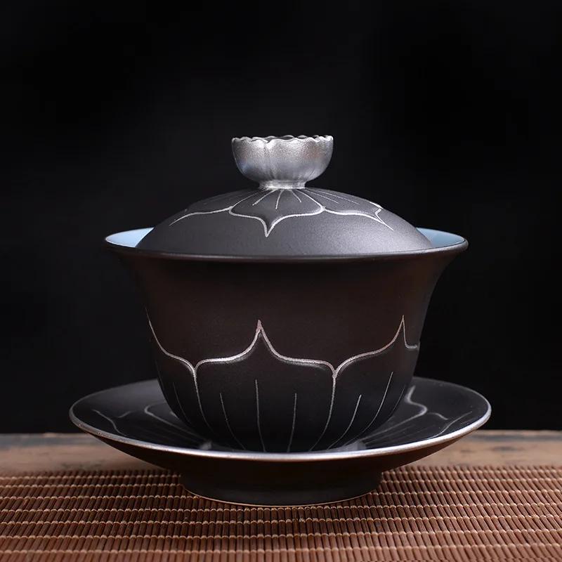 

WSHYUFEI Chinese style Hand Made cover bowl tea set ceramics Tea cup gaiwan tea pot Travel teaset Home Office Tea Bowl 140ml