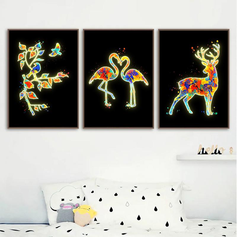 Neon-Design, niedliche Tiere, Poster, Leinwandgemälde, Flamingo, Hirsch, Giraffe, Katzen, Wand-Kunstdruck an der Wand, modernes Kinderzimmer-Dekor