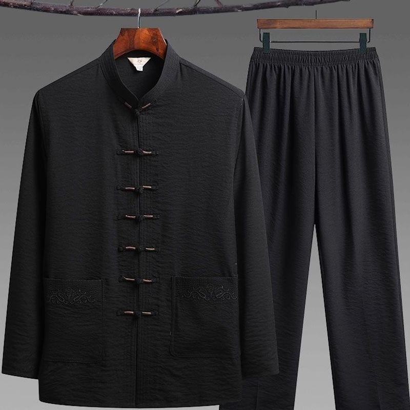 Men's Tang Suit Ice Silk Set - Long-Sleeve Chinese Tai Chi Hanfu for Spring/Summer