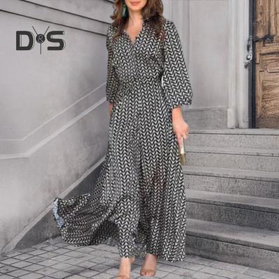 Women's Summer Maxi Dress V Neck Long Sleeve Flowy A-line Dress Casual Long Beach Sundress for Daily Vacation Parties