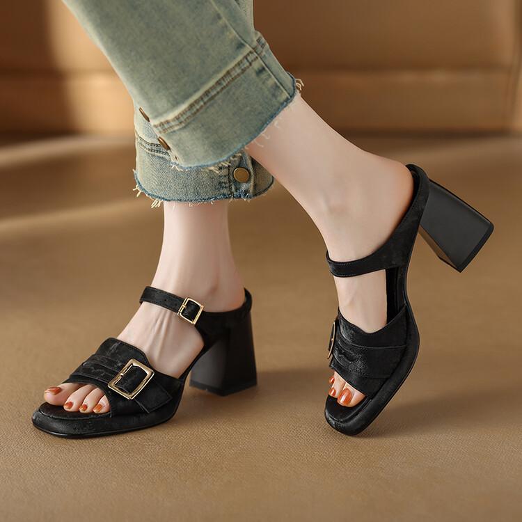 Fashion Retro French Women's High-heeled Slippers 2025 Summer New Fashion Elegant Temperament Comfortable Thick-heeled Casual Slippers.