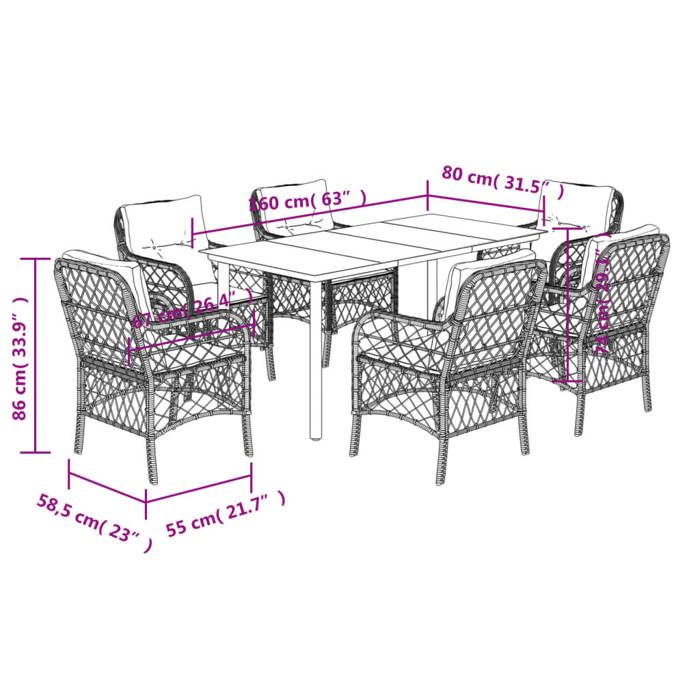 VidaXL 7-Piece Garden Dining Set with Cushions, Patio Table and Chairs, Outdoor Furniture Terrace, Modern, 3212107