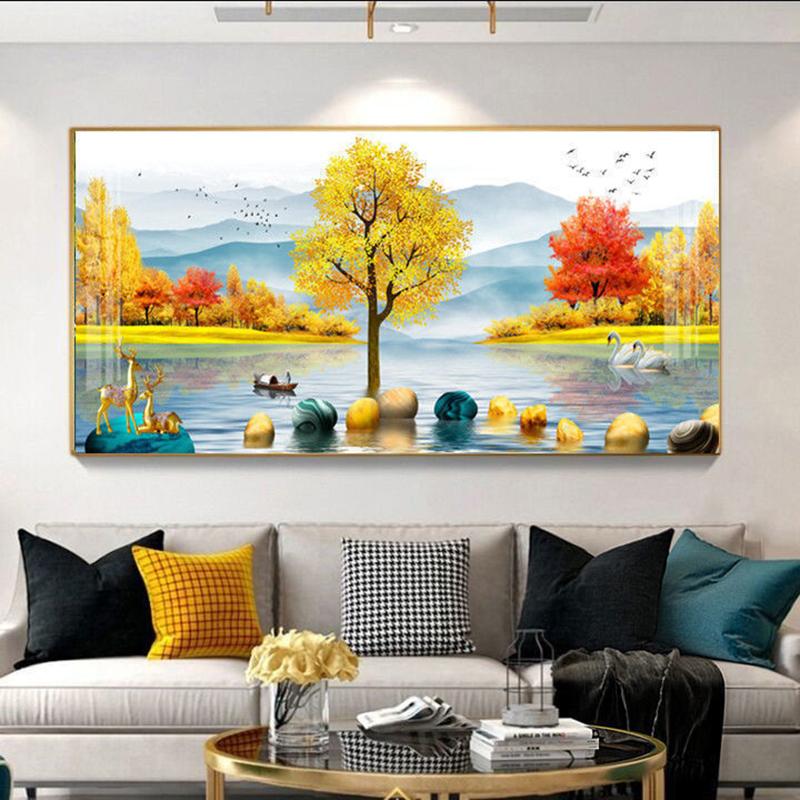 Chinese Feng Shui Golden Rich Tree Canvas Painting Wall Art Deer Landscape Lucky Stone Posters Wall Art for Living Room Decor