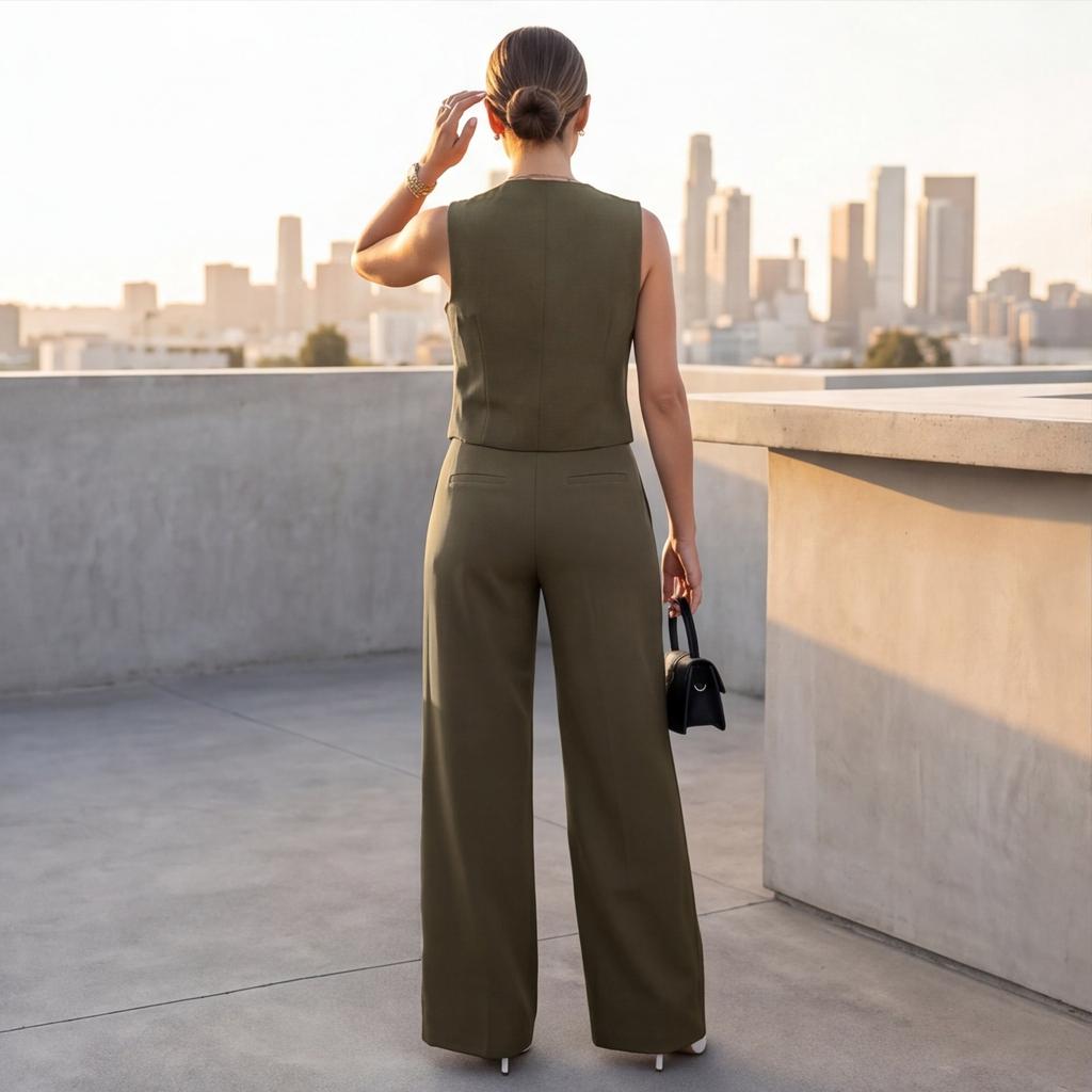 Women's Fashion Suit Vest and Wide Leg Pants Set Sleeveless Blazer Style Vest with High Waist Wide Leg Trousers Casual Two Piece Outfit