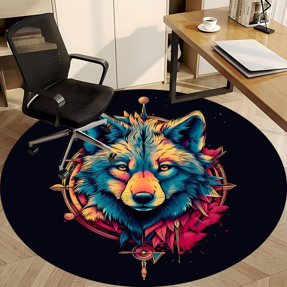 1 Stück Wolfsgeist Büro Runder Teppich, Unter Bürostühlen Schlafzimmer Wohnzimmer Heimdekoration, Raumdeko