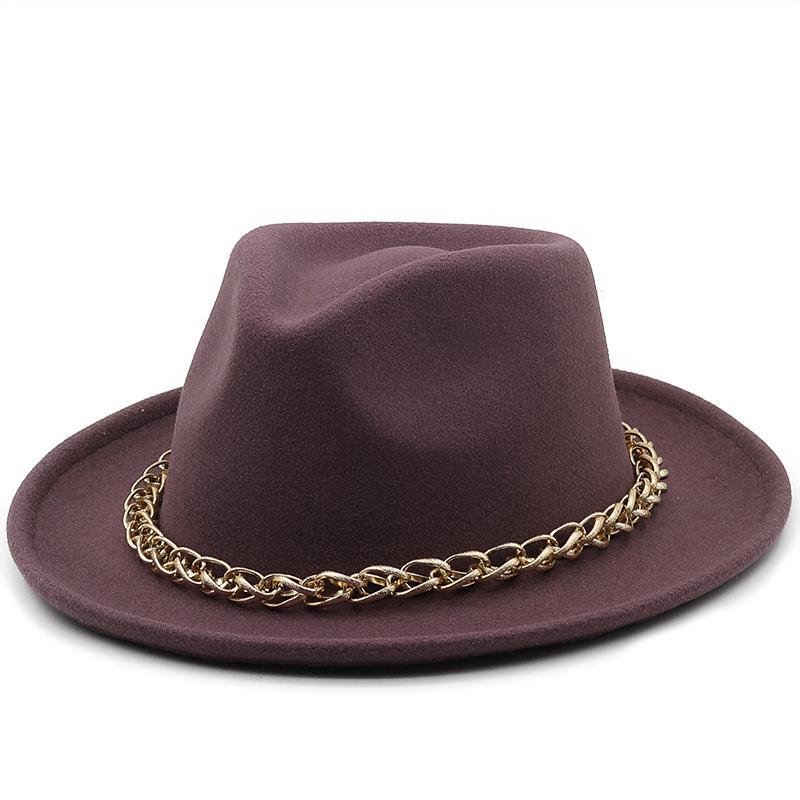 Autumn and winter simple wool upturned edge hat metal chain top hat women's European and American retro celebrity jazz hat