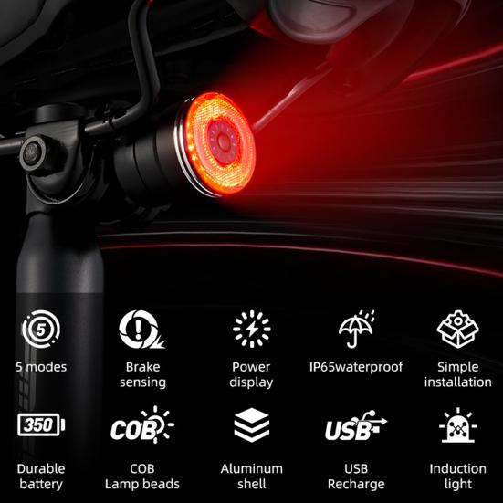 Bicycle Taillight Super Bright Waterproof Non-glaring Multiple Lighting Modes Rechargeable Aluminum Alloy Smart Automatic Brake Detection Bike Rear