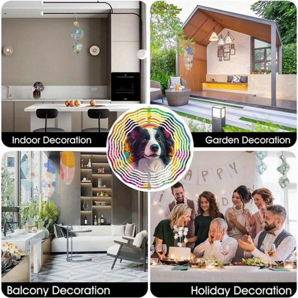 Rainbow Border Collie Dog Wind Spinner - 360° Rotating Metal Garden Art, Vibrant Circular Outdoor Decor for Patio