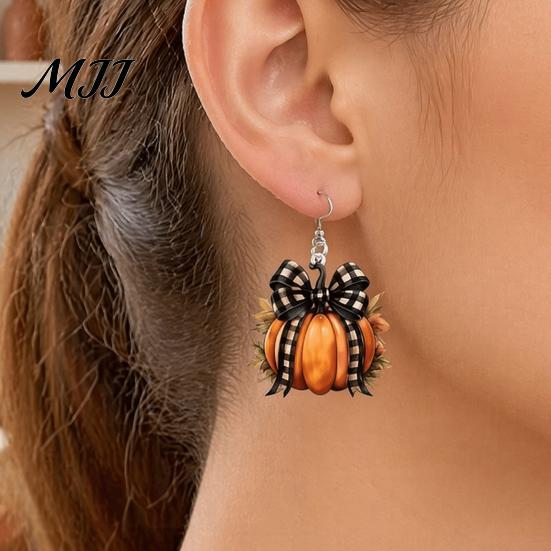 Autumn Theme Jewelry 1 Pair Pumpkin Earrings for Women, Acrylic Dangle Drop Lightweight with Plaid Bow, Halloween Fall Holiday Party Cute Accessories