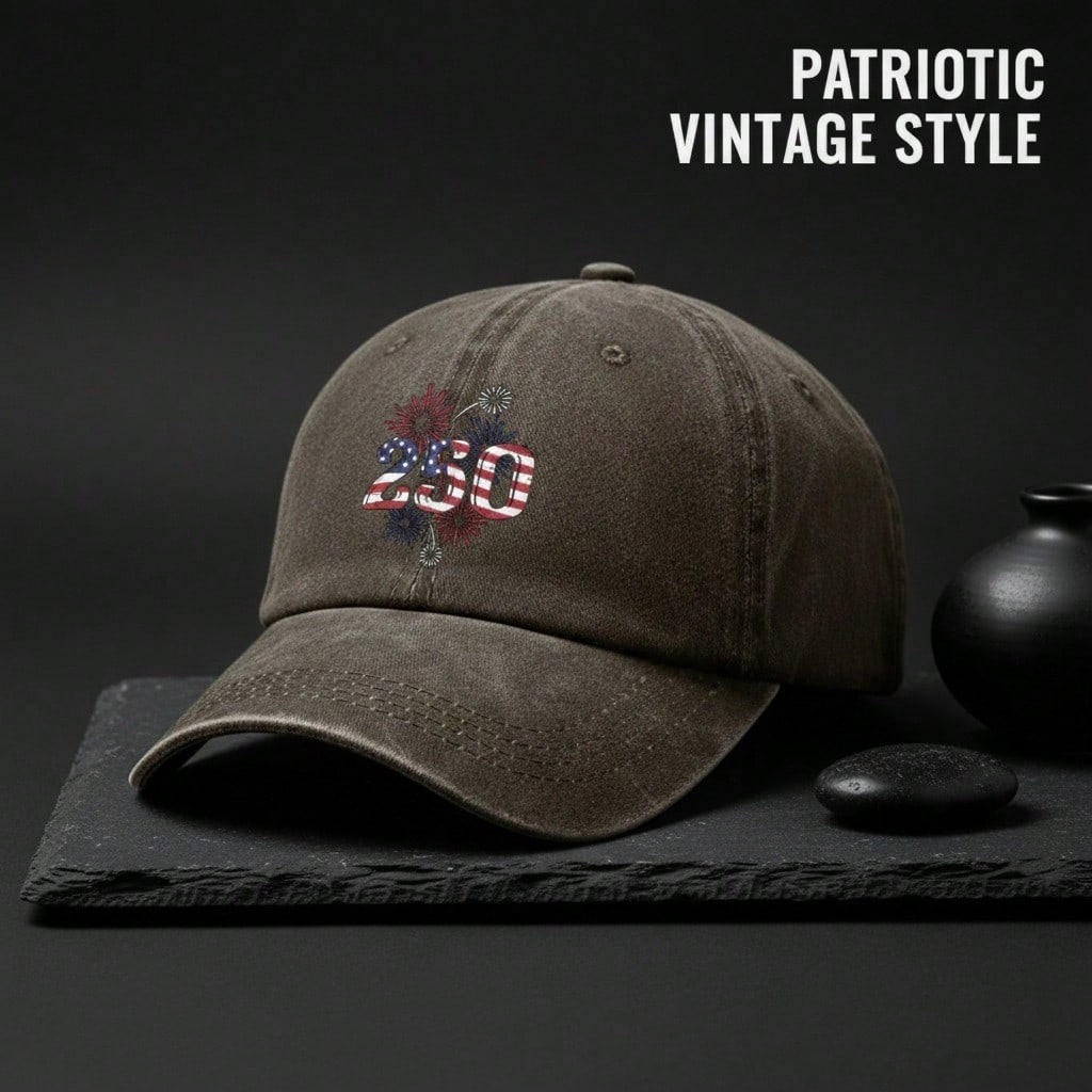 Vintage Washed Baseball Hat Unisex - USA Flag "250" Print Polyester Adjustable Sun Cap Breathable Patriotic Streetwear Outdoor Sports Cap For