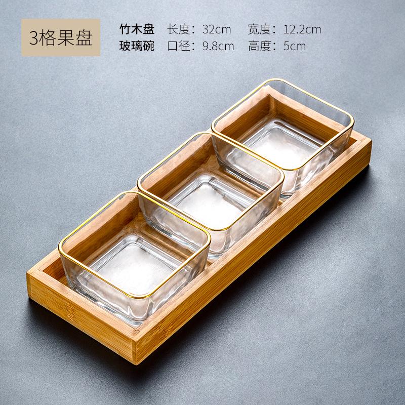 Glass Snack Platter Multi-cell Suit with Rectangular Wooden Pallet Home Square Dried Fruit Snack Bowl Fruit Plate Tableware