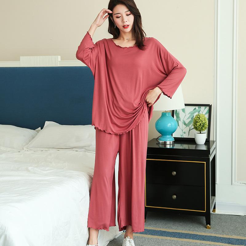 Home Suits Women Autumn New Loose Long-sleeved Pajamas Two-piece Set Nine-point Wide Leg Pants Pijama Sleepwear Femme