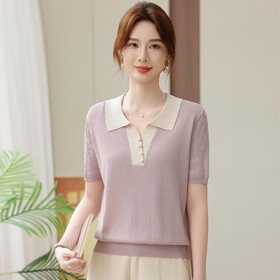 Ice Silk Short-Sleeve Knit T-Shirt with Lapel for Moms - Stylish Summer Fashion for Middle-Aged and Elderly Women
