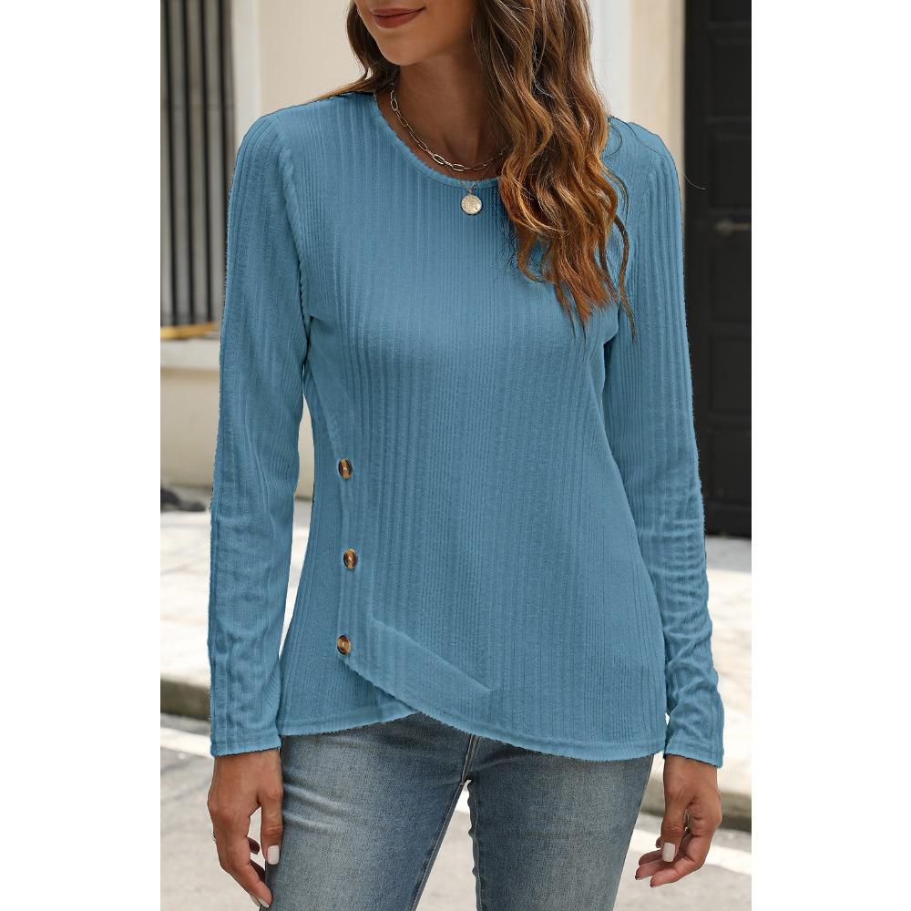 GMXIA Women's Fall Winter Pit Strip Wool Button Long Sleeve T-shirt Top
