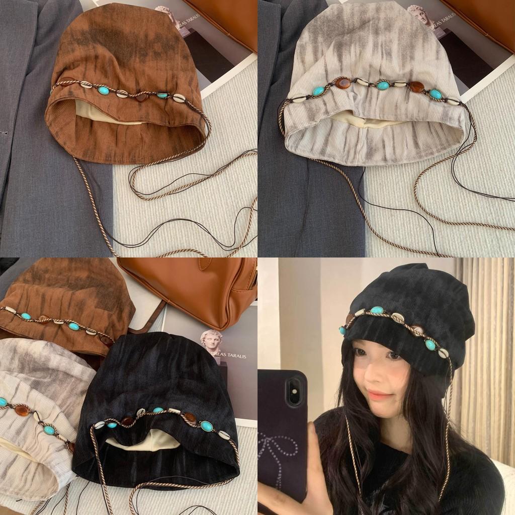 Boho-Hut mit Perlenquasten und Kettenverzierung für Damen, Herbst- und Wintermode