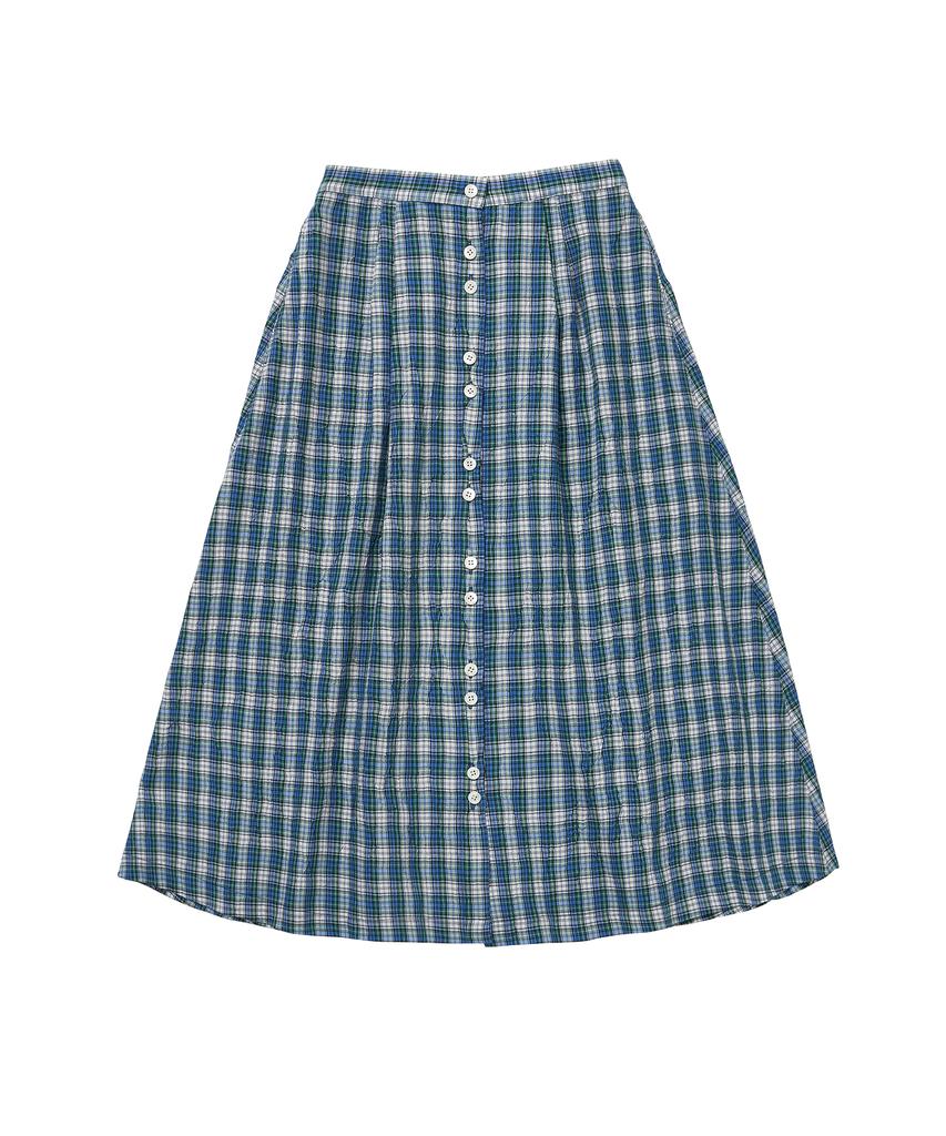 COTTON BELL Button Placket Flare Skirt - Blue Check