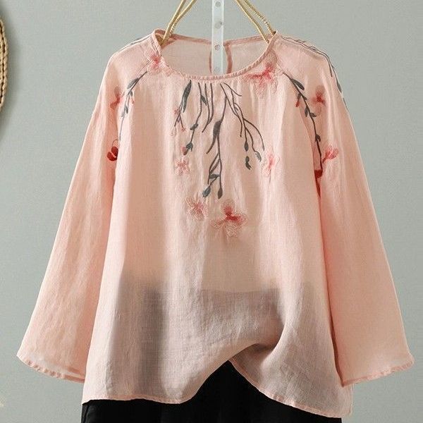 Cotton and linen embroidered blouse long-sleeved shirt women's summer new fashion and light loose casual large-size cotton and linen top