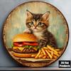 D Flat Pc InXCm D Flat Round Sign Retro Plaque About Cute Cat Burger Fries Cat Food Theme Decorative Sign Suitab