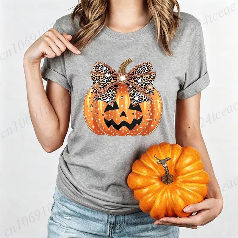 Leopard Print Evil Pumpkin Face Halloween Print Unisex Tshirt With Horror Pumpkin Head Pattern Top Style Streetwear