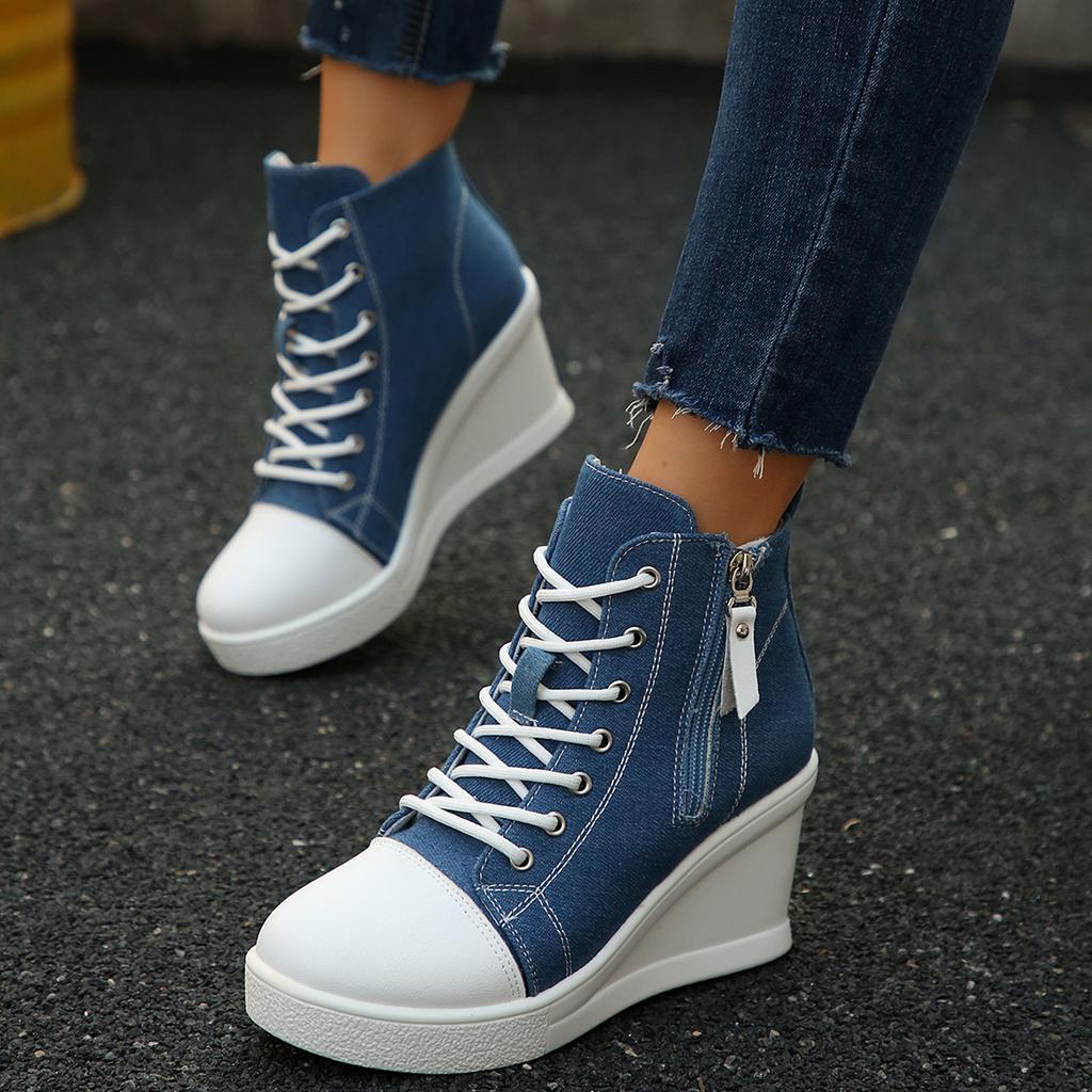 Fashion Fashion Denim Blue Canvas Shoes Women 2025 Autumn Metal Zip Decoration Lace Up Wedge Heel Pumps Casual High Heel Ankle Shoes