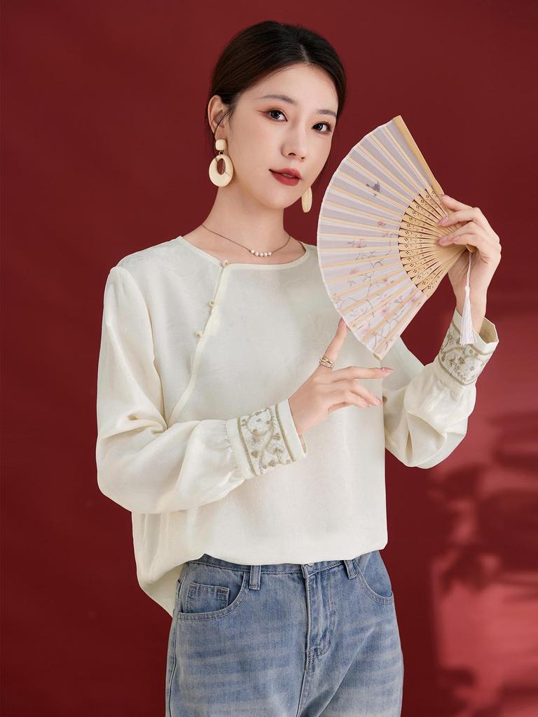 New Autumn Silk Velvet Chinese Style Women's Round Neck Long Sleeve Shirt