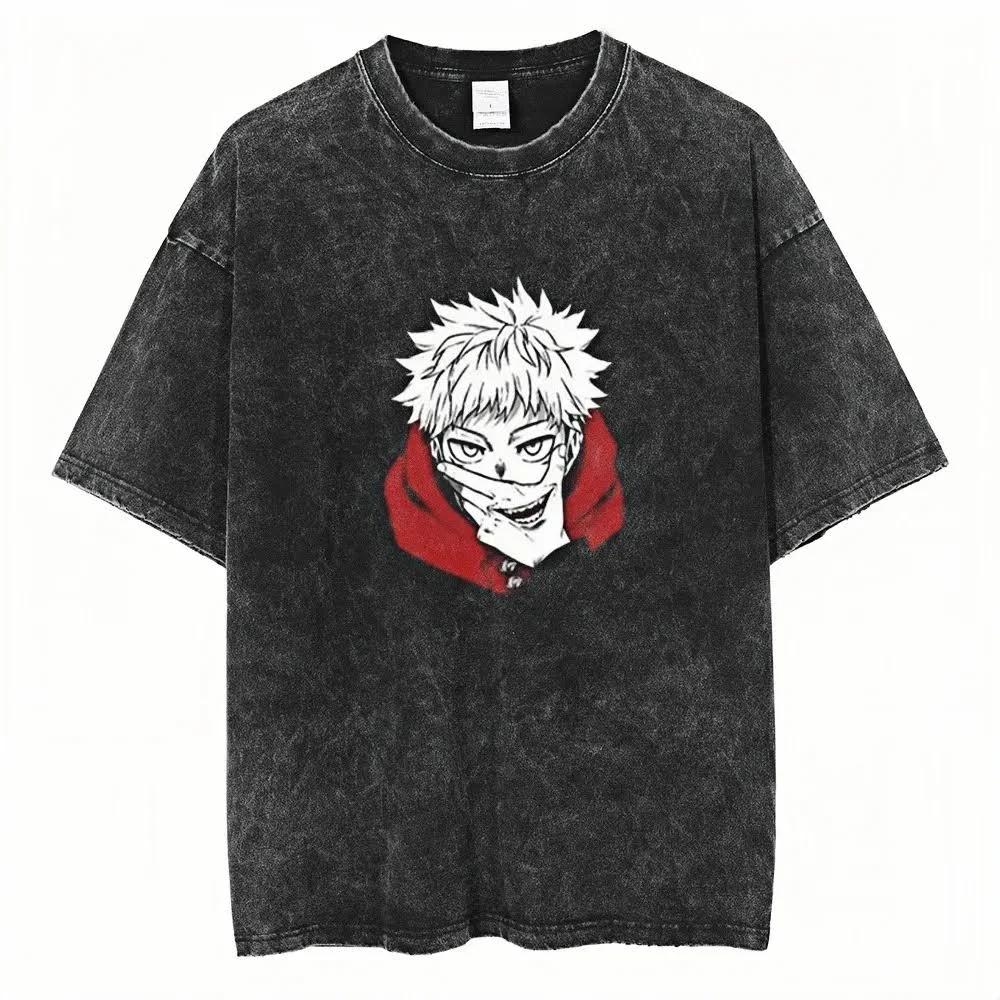 Japanese Anime Jujutsu Kaisen Summer New Unisexs Washed Tshirt Retro Pattern Unisex Cotton Fashion Streetwear Shirt