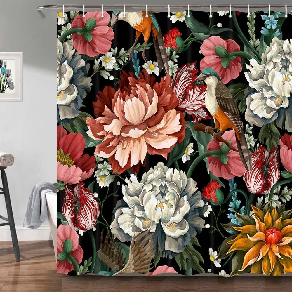 Black Boho Floral Shower Curtain, Unique Colorful Bohemian Mandala Beautiful Dark Flower Leaves Bathroom Curtain, Mid Century Sp
