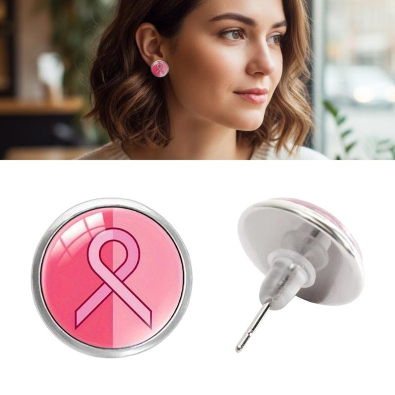 Stylish Breast Cancers Awareness Earrings Gemstones Glass Material Ear Accessories For Fashionable Outfit Pairing