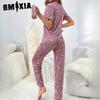 GMXIA Women's Loungewear O-Neck Short Sleeve Long Pants Printed with Eye Mask 3 Piece Pajama Set
