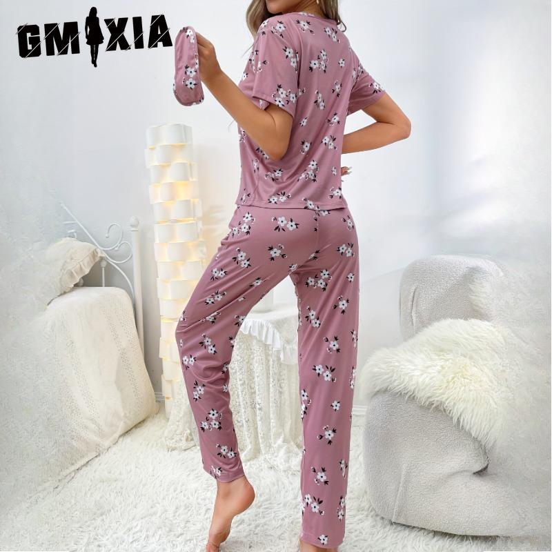GMXIA Women's Loungewear O-Neck Short Sleeve Long Pants Printed with Eye Mask 3 Piece Pajama Set
