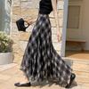 Qooth Plaid Ruffle Midi Skirt Coffee Brown Elastic Waist Polyester Skirt QT2879