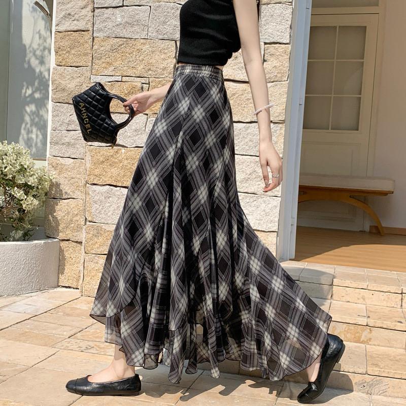 Qooth Plaid Ruffle Midi Skirt Coffee Brown Elastic Waist Polyester Skirt QT2879