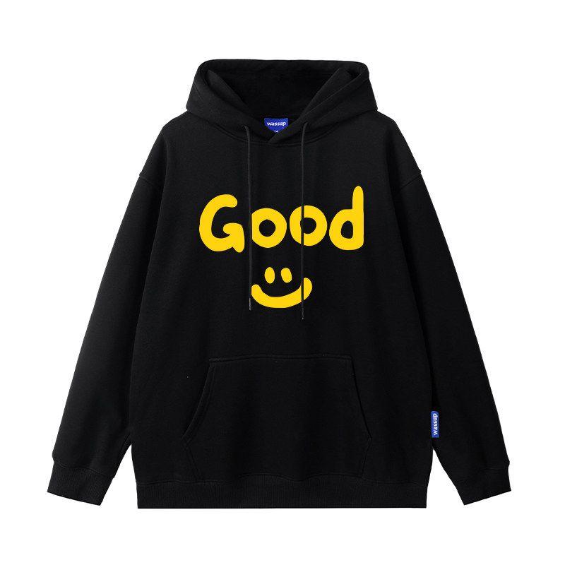 

Wassup Smiley Face Letter Logo Sweatshirt Men s Hooded Autumn and Winter 2024 New Fleece-Lined American Trendy Brand Top Jacket Black (Heavyweight Basic) M