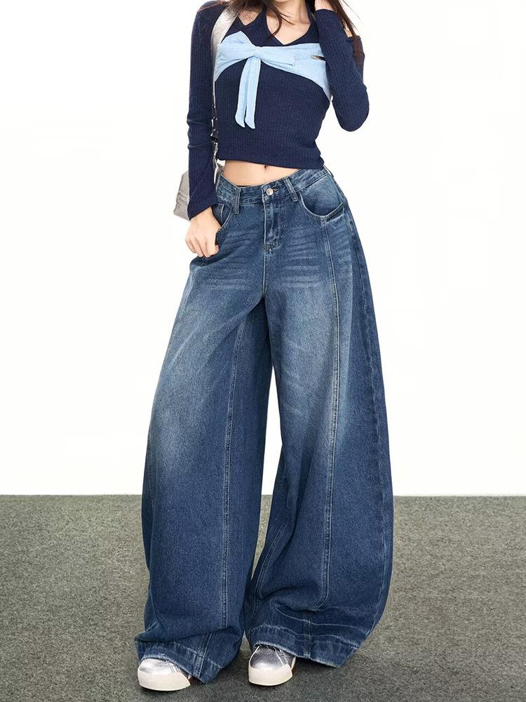 Women s Retro High-Waist Wide-Leg Scythe Jeans - Autumn/Winter Loose Fit S